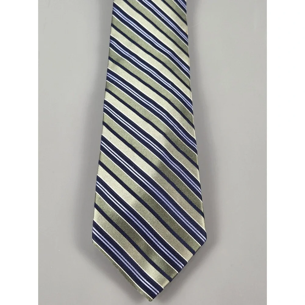 FUMAGALLI 100% Silk‎ Necktie Stripe Navy Olive Green Blue Gold